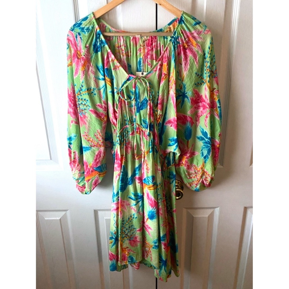 🆕 Easel Green Tropical Print Puff Sleeve Summer Resort Scoop Tie Neck Dress L